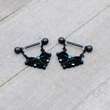Load image into Gallery viewer, 14G 9/16 Blue Gem Black Lacy Rhombus Dangle Nipple Ring Set
