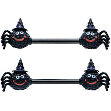 Load image into Gallery viewer, 14G 9/16 Black Halloween Smiling Spider Barbell Nipple Ring Set