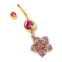 将图片加载到图库查看器,Pink Clear Gem Gold Tone Texture Star Dangle Belly Ring