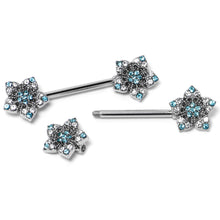 Load image into Gallery viewer, 14G 9/16 Blue Clear Gem Opulent Flowers Barbell Nipple Ring Set
