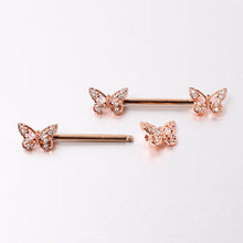 Load image into Gallery viewer, 14G 9/16 Clear Gem Rosy Tone Baroque Butterfly Nipple Ring Set