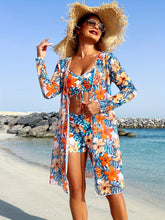 Load image into Gallery viewer, Luxe Lines 3-Piece Geometric Bikini Set for Women – High Rise Drawstring Bikini with Boxer Shorts & Long Sleeve Sheer Kimono Cover-Up – Bold & Breezy Women’s Swimwear for Summer Beach Pool & Getaways