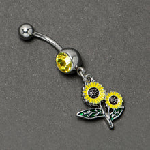 将图片加载到图库查看器,Yellow Gem Cheery Inlay Sunflowers Dangle Belly Ring