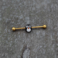 Load image into Gallery viewer, 14G Gold Tone Round Penguin Face Holiday Industrial Barbell 38mm