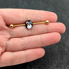 Load image into Gallery viewer, 14G Gold Tone Round Penguin Face Holiday Industrial Barbell 38mm