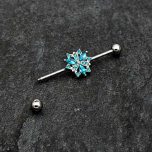 Load image into Gallery viewer, 14G Blue CZ Gem Ornate Snowflake Industrial Barbell 38mm