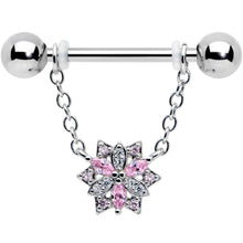 Load image into Gallery viewer, 14G 9/16 Pink Clear CZ Gem Snowflake Chain Dangle Nipple Ring Set