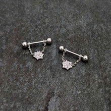 Load image into Gallery viewer, 14G 9/16 Pink Clear CZ Gem Snowflake Chain Dangle Nipple Ring Set