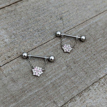 Load image into Gallery viewer, 14G 9/16 Pink Clear CZ Gem Snowflake Chain Dangle Nipple Ring Set