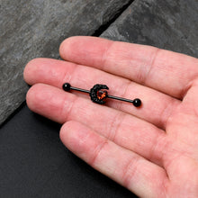 Load image into Gallery viewer, 14G Red CZ Gem Black Scroll Moon Heart Industrial Barbell 38mm