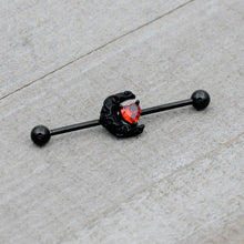 Load image into Gallery viewer, 14G Red CZ Gem Black Scroll Moon Heart Industrial Barbell 38mm
