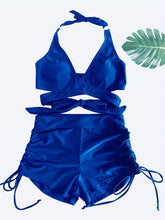 Load image into Gallery viewer, Coastal Curve Halter Bikini Set for Women – V-Neck Crisscross Drawstring Swimsuit with Chic Ring Detail & High-Waisted Boxer Shorts for Summer – Sleek Two-Piece Nylon Swimwear for Women’s Beach & Poolside Style