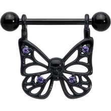 Load image into Gallery viewer, 14G 11/16 Purple CZ Gem Black Skull Butterfly Dangle Nipple Ring Set