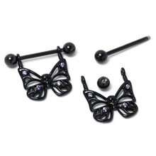 Load image into Gallery viewer, 14G 11/16 Purple CZ Gem Black Skull Butterfly Dangle Nipple Ring Set