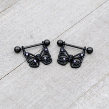 Load image into Gallery viewer, 14G 11/16 Purple CZ Gem Black Skull Butterfly Dangle Nipple Ring Set