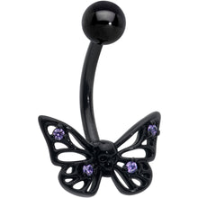 Load image into Gallery viewer, Purple CZ Gem Black Skull Butterfly Belly Ring