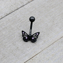 Load image into Gallery viewer, Purple CZ Gem Black Skull Butterfly Belly Ring