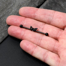 Load image into Gallery viewer, 14G Purple CZ Gem Black Skull Butterfly Industrial Barbell 38mm