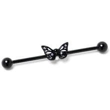 Load image into Gallery viewer, 14G Purple CZ Gem Black Skull Butterfly Industrial Barbell 38mm