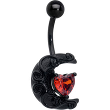 将图片加载到图库查看器,Red CZ Gem Black Scroll Moon Heart Belly Ring