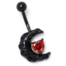 将图片加载到图库查看器,Red CZ Gem Black Scroll Moon Heart Belly Ring