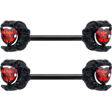 Load image into Gallery viewer, 14G 9/16 Red CZ Gem Black Scroll Moon Heart Barbell Nipple Ring Set