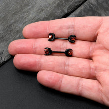 Load image into Gallery viewer, 14G 9/16 Red CZ Gem Black Scroll Moon Heart Barbell Nipple Ring Set