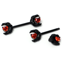 Load image into Gallery viewer, 14G 9/16 Red CZ Gem Black Scroll Moon Heart Barbell Nipple Ring Set
