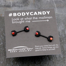Load image into Gallery viewer, 14G 9/16 Red CZ Gem Black Scroll Moon Heart Barbell Nipple Ring Set
