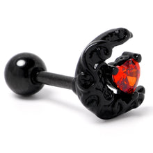 Load image into Gallery viewer, 16G 1/4 Red CZ Gem Black Scroll Moon Heart Cartilage Tragus Earring