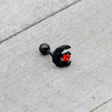 Load image into Gallery viewer, 16G 1/4 Red CZ Gem Black Scroll Moon Heart Cartilage Tragus Earring