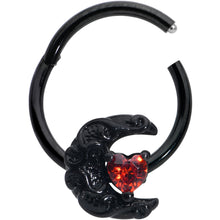 Load image into Gallery viewer, 16G 3/8 Red CZ Gem Black Scroll Moon Heart Hinged Segment Ring