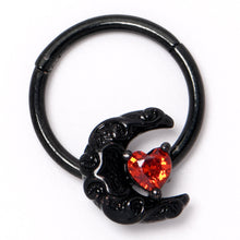 Load image into Gallery viewer, 16G 3/8 Red CZ Gem Black Scroll Moon Heart Hinged Segment Ring