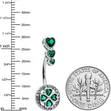 Load image into Gallery viewer, Green Clear Gem Triple Drop Heart Shamrock Double Mount Belly Ring