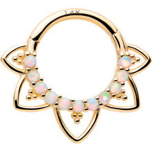 Load image into Gallery viewer, 16G 5/16 White Synthetic Opal 14k Yellow Gold Filigree Hinged Segment Ring