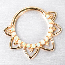 Load image into Gallery viewer, 16G 3/8 White Synthetic Opal 14k Yellow Gold Filigree Hinged Segment Ring