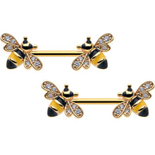 Load image into Gallery viewer, 14G 9/16 Clear CZ Gem Gold Hue Honey Bees Barbell Nipple Ring Set