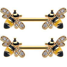 Load image into Gallery viewer, 14G 9/16 Clear CZ Gem Gold Hue Honey Bees Barbell Nipple Ring Set