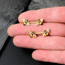 Load image into Gallery viewer, 14G 9/16 Clear CZ Gem Gold Hue Honey Bees Barbell Nipple Ring Set