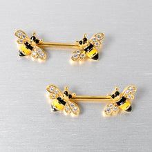 Load image into Gallery viewer, 14G 9/16 Clear CZ Gem Gold Hue Honey Bees Barbell Nipple Ring Set