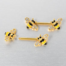 Load image into Gallery viewer, 14G 9/16 Clear CZ Gem Gold Hue Honey Bees Barbell Nipple Ring Set