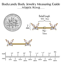 Load image into Gallery viewer, 14G 9/16 Clear CZ Gem Gold Tone Butterflies Barbell Nipple Ring Set