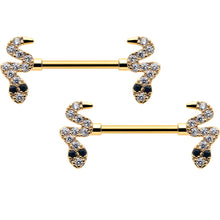 Load image into Gallery viewer, 14G 9/16 Clear Black CZ Gem Gold Tone Sexy Snakes Nipple Ring Set