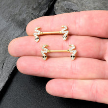 Load image into Gallery viewer, 14G 9/16 Clear Black CZ Gem Gold Tone Sexy Snakes Nipple Ring Set