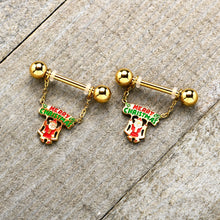 Load image into Gallery viewer, 14G 9/16 Gold Tone Santa Merry Christmas Dangle Nipple Ring Set
