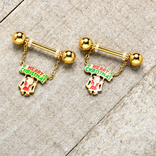 Load image into Gallery viewer, 14G 9/16 Gold Tone Santa Merry Christmas Dangle Nipple Ring Set