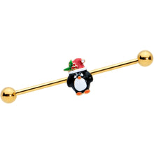Load image into Gallery viewer, 14G Gold Tone Holly Hat Penguin Holiday Industrial Barbell 38mm