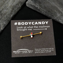 Load image into Gallery viewer, 14G Gold Tone Holly Hat Penguin Holiday Industrial Barbell 38mm