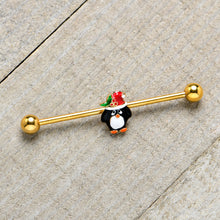 Load image into Gallery viewer, 14G Gold Tone Holly Hat Penguin Holiday Industrial Barbell 38mm