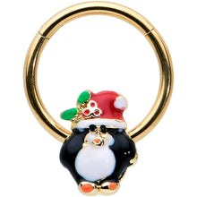 Load image into Gallery viewer, 16G 3/8 Gold Tone Holly Hat Penguin Holiday Hinged Segment Ring
